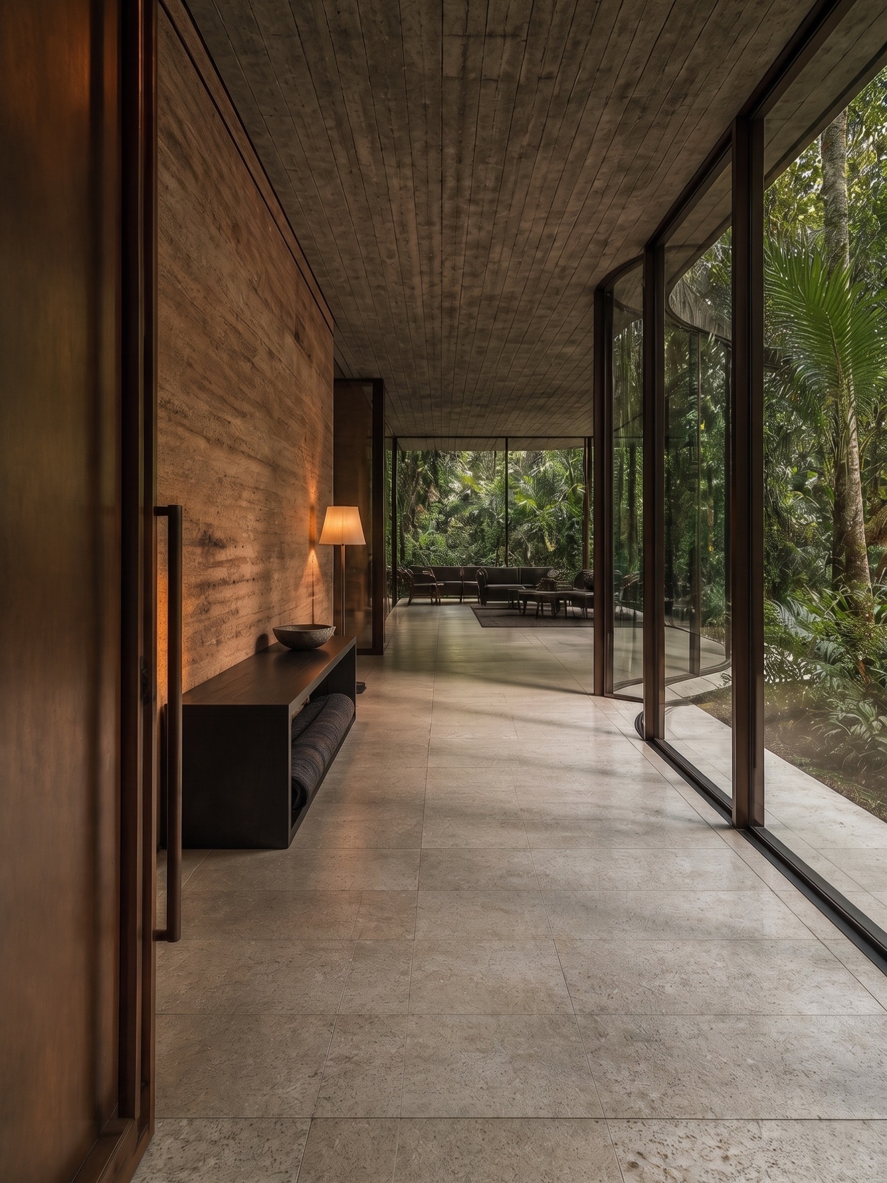 Interior de arquitetura contemporânea aberto para a mata
