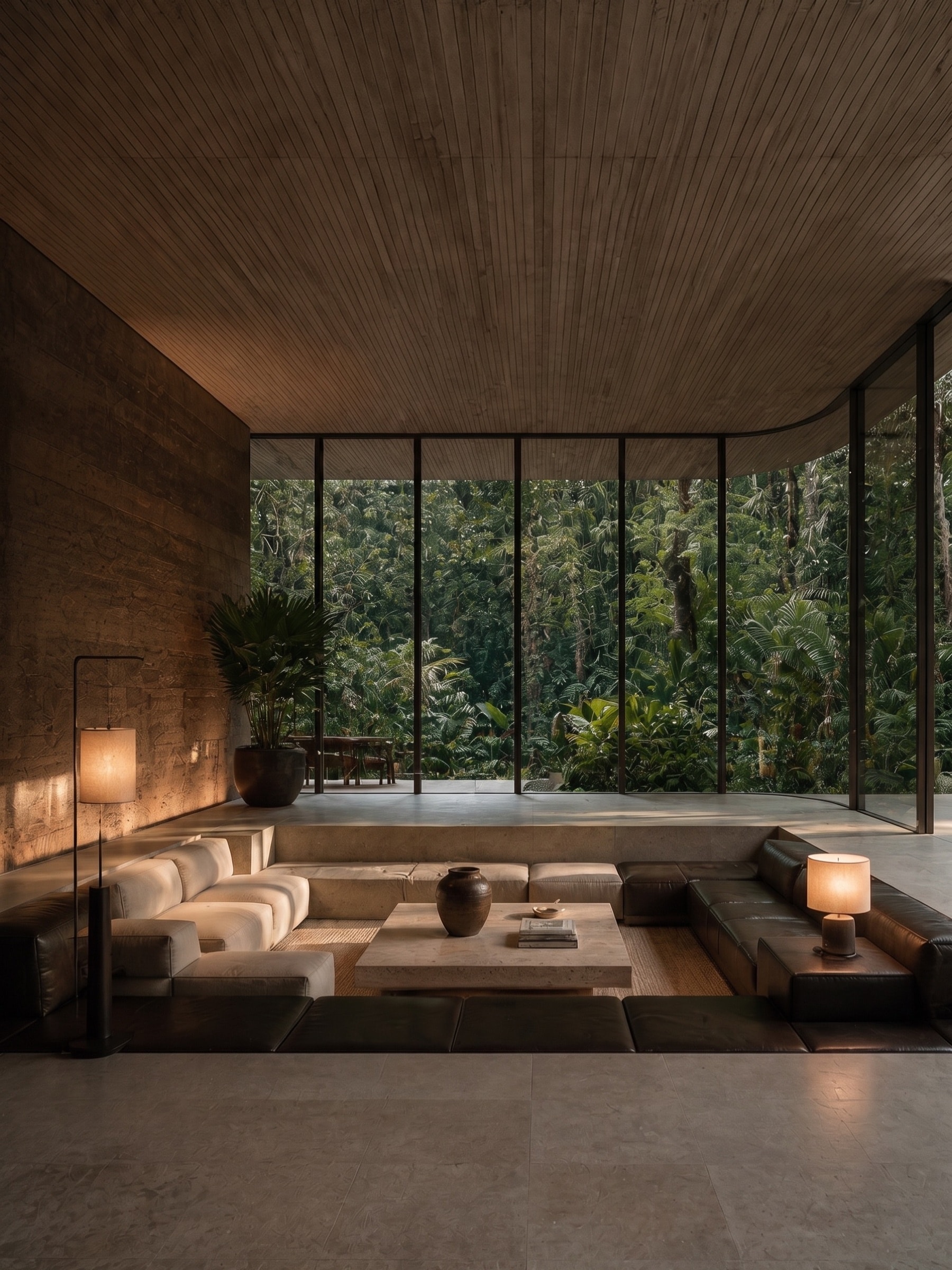 Sala de estar integrada à vegetação