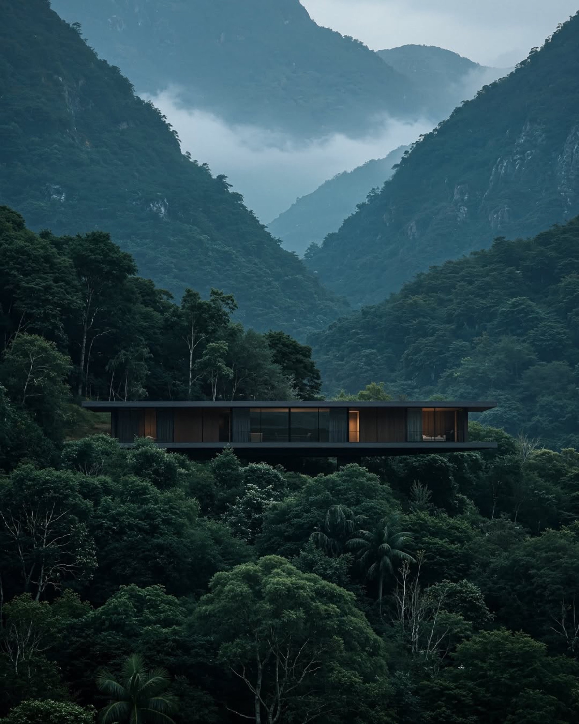 Casa contemporânea suspensa sobre a vegetação