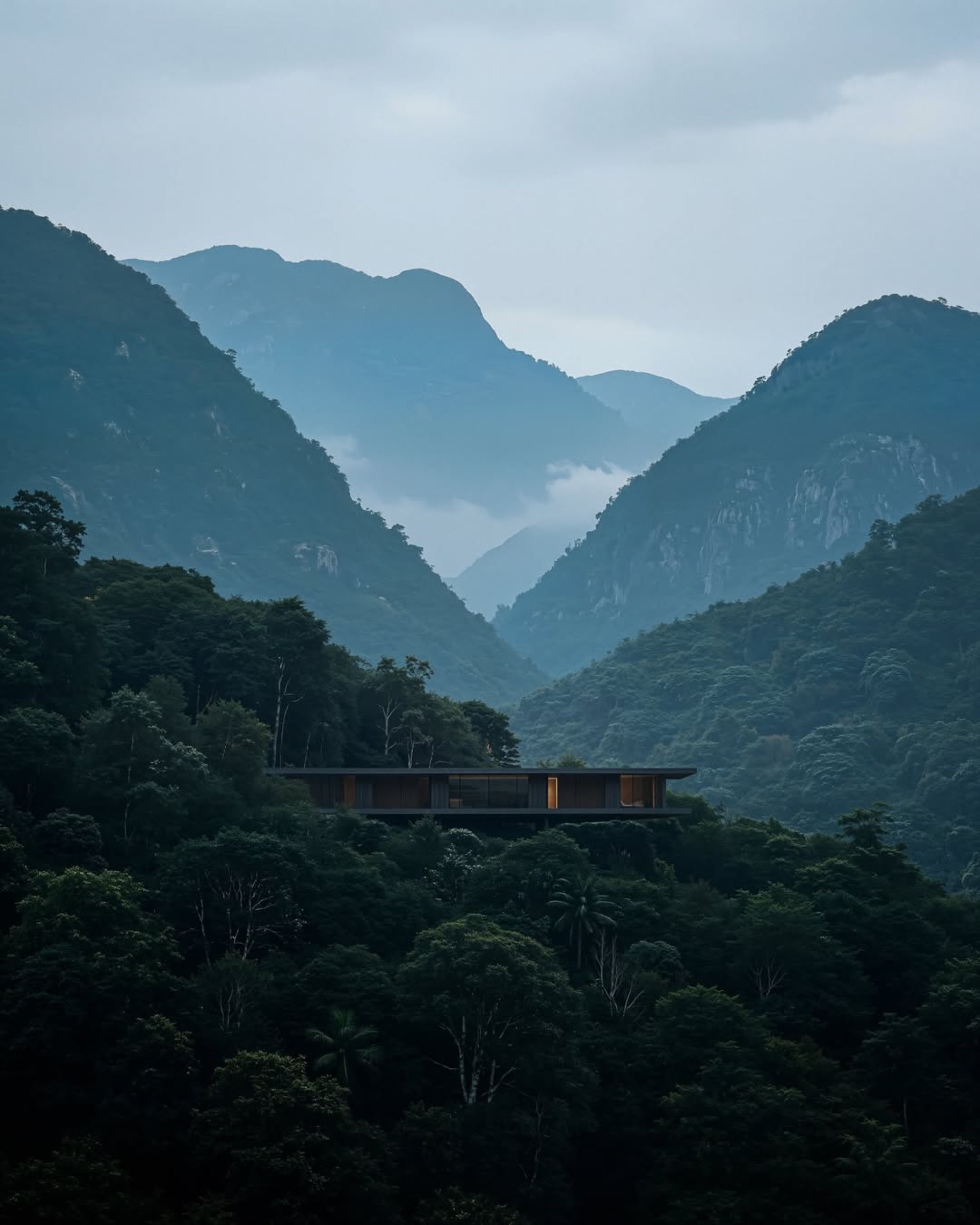 Residência linear integrada à paisagem montanhosa